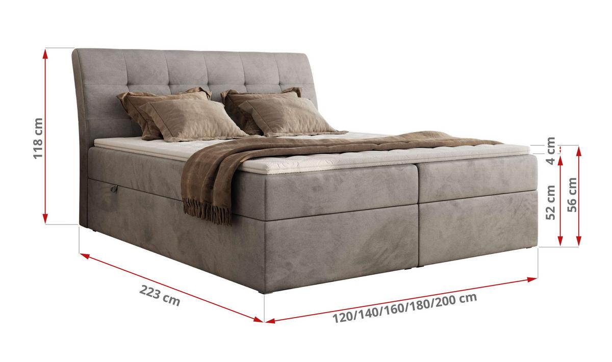 BOXBETT DAGOS 120/200 - Hellgrau Velvet - H3 - Topper Visco - Hellgrau, Textil (120/200cm) - MKS