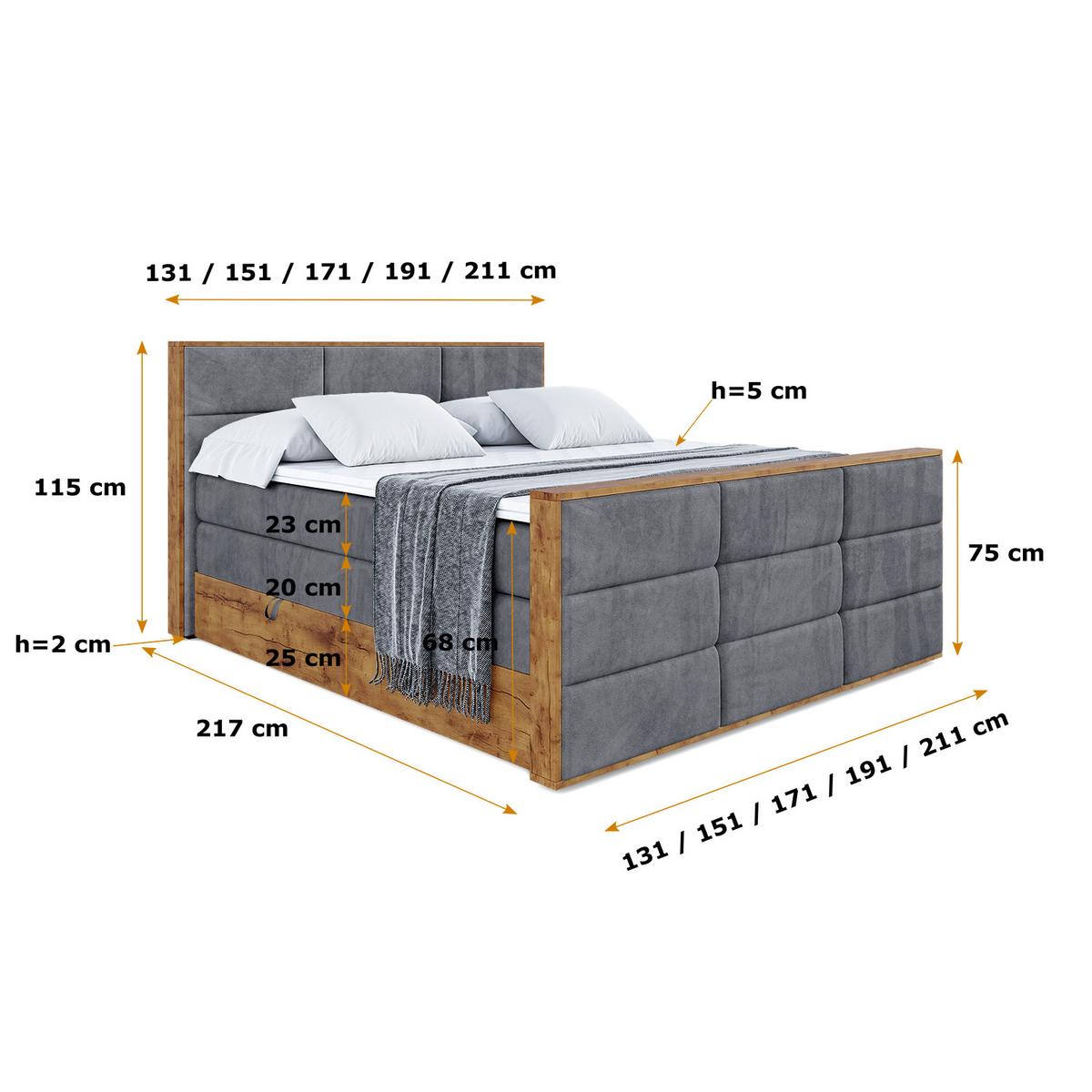 BOXSPRINGBETT mit Matratze H3|H4 und Lattenrost - LOLLI1-Z KING-200x200 - Dunkelgrau Casablanca - Dunkelgrau, Holzwerkstoff (200/200cm) - ALTDECOR