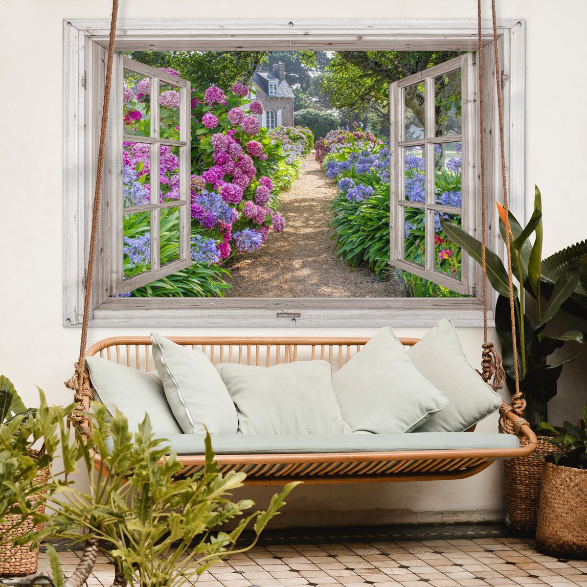 GARTENPOSTER Hortensie - Durchsichtig - Blumen - Sommer - Lila - Weg Poster für draußen 180x120 cm - Grün, Kunststoff (180/120/0.2cm) - OnlyWow