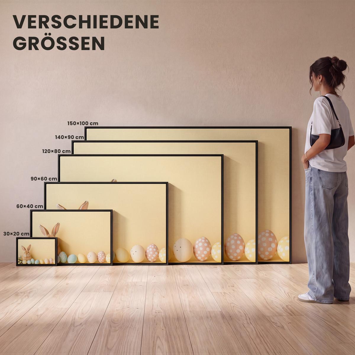 LEINWAND Bilder mit Rahmen - Eier - Kaninchen - Pastellfarbtöne - 120x80 - Hellgelb, Textil (120/80cm) - MuchoWow