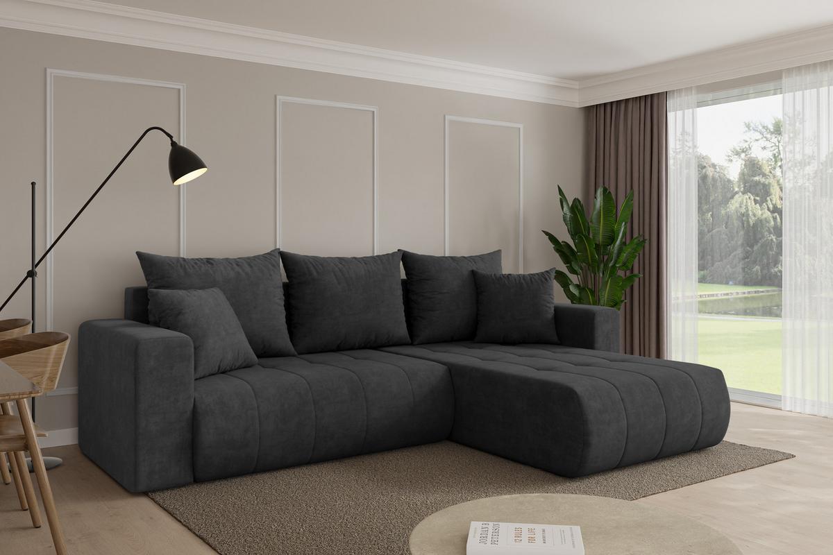 ECKSOFA mit Schlaffunktion Ottomane Rechts MILA-L 277x194x86 Dunkelgrau Velours - Anthrazit/Schwarz, Holzwerkstoff/Kunststoff (277/194cm) - ALTDECOR