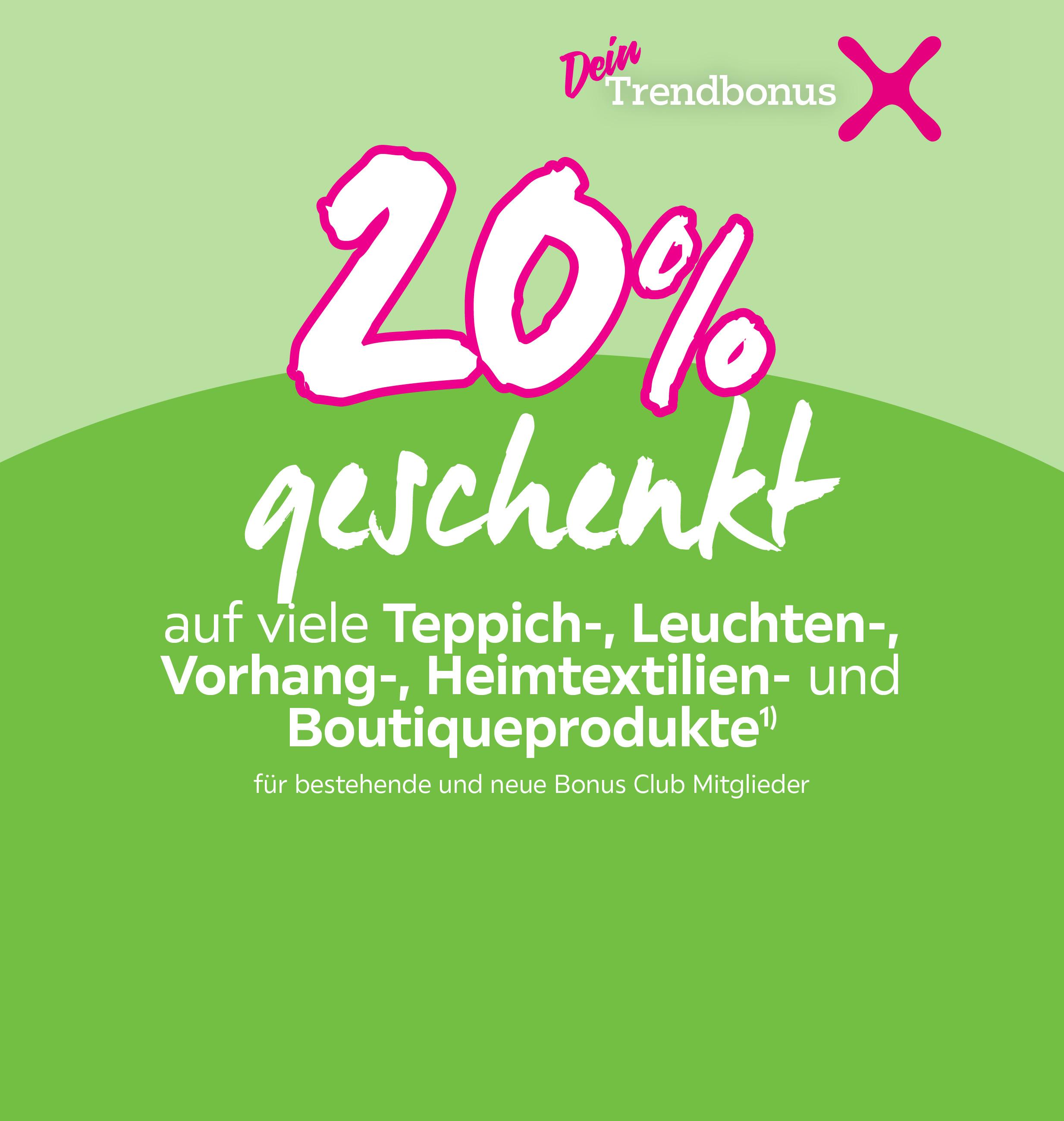-20% auf viele Teppich-, Leuchten-, Vorhang-, Heimtextilien- und Boutiqueprodukte