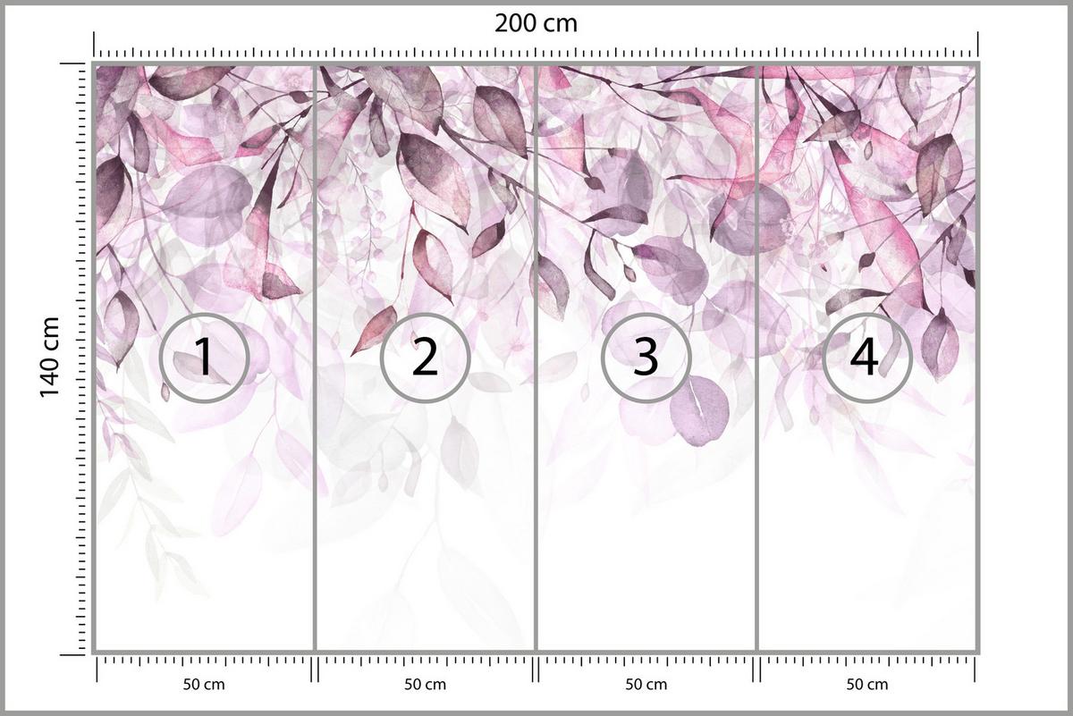 FOTOTAPETE für Schlafzimmer Aquarell Zarte Rosa Blätter Botanisch200x140 - Violett/Weiß, Papier (200/140cm) - Muralo