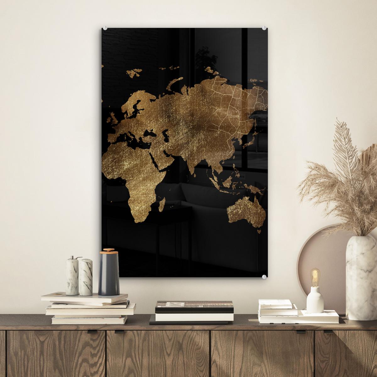 ACRYLGLASBILD Weltkarte - Gold - Luxus - Erde - Schwarz Wanddeko Wohnzimmer 40x60 cm - Goldfarben, Glas (40/60cm) - MuchoWow