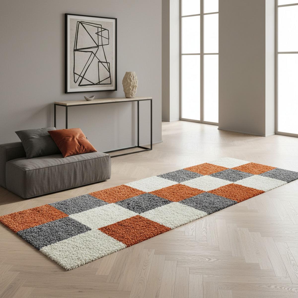 HOCHFLORTEPPICH RHEIN, kariert, Terrakotta, 80 x 250 cm - Orange, Textil (250/80cm) - KADIMA DESIGN