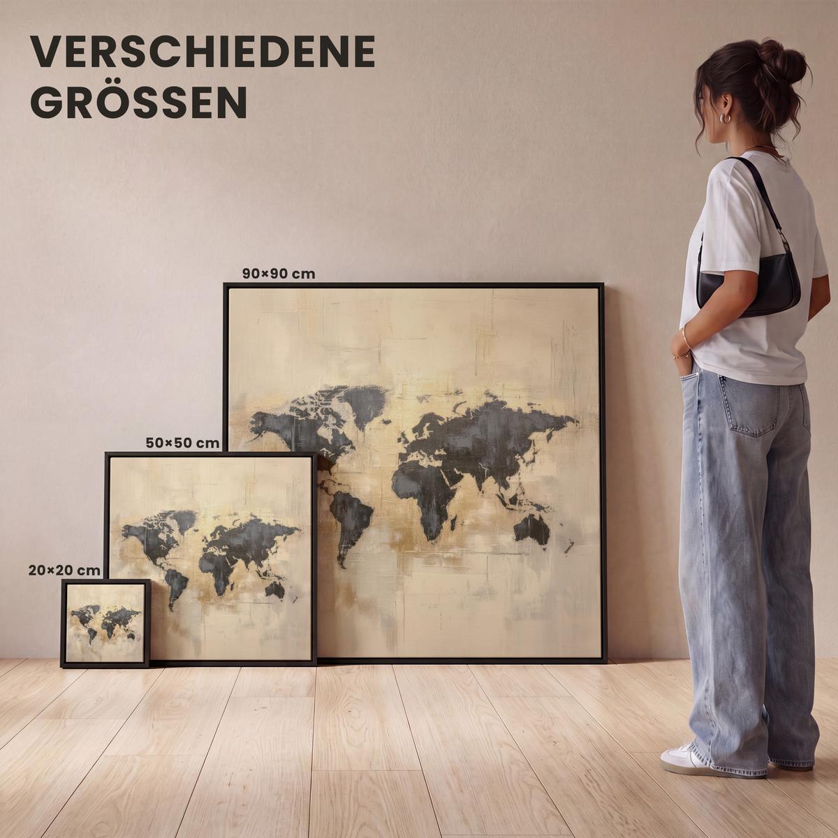 LEINWAND Bilder mit Rahmen - Weltkarte - Gold - Schwarz - Abstrakt - 50x50 - Kupferfarben, Textil (50/50cm) - MuchoWow