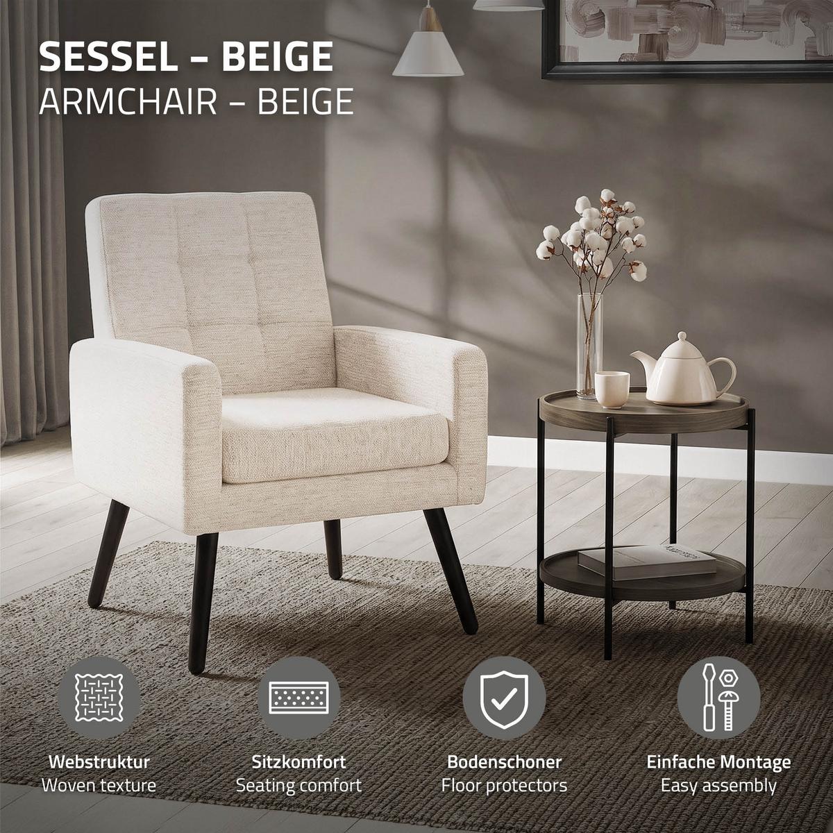 SESSEL mit Stahlbeinen und Webstruktur Relaxsessel 66,5x80x63,5 cm Beige - Beige/Schwarz, Textil/Metall (66.5/80/63.5cm) - ML-DESIGN