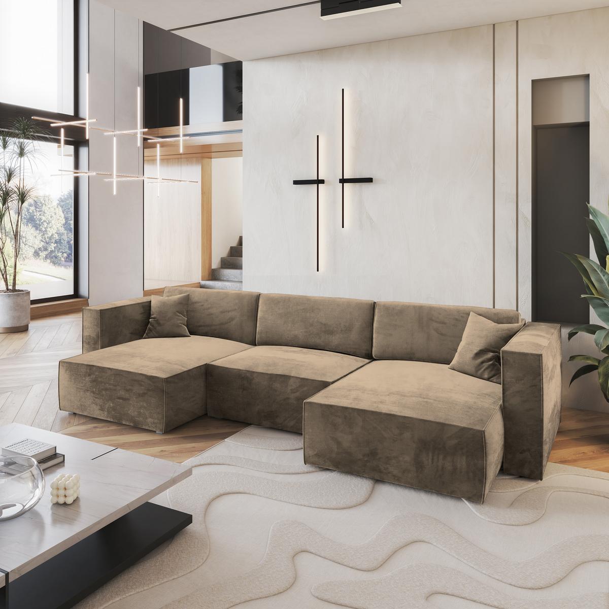 WOHNLANDSCHAFT SARMO M Beige Velours-Stoff mit Schlaffunktion - Beige/Grau, Holz/Kunststoff (347/70/148cm) - MASSENO