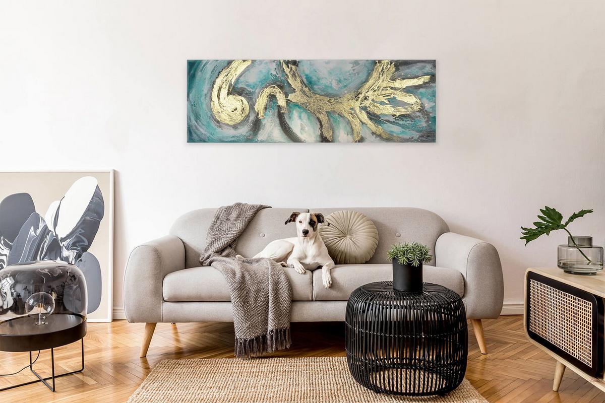 ÖLGEMÄLDE 150/50 cm - Türkis/Weiß, Holz/Textil (150/50cm) - KUNSTLOFT