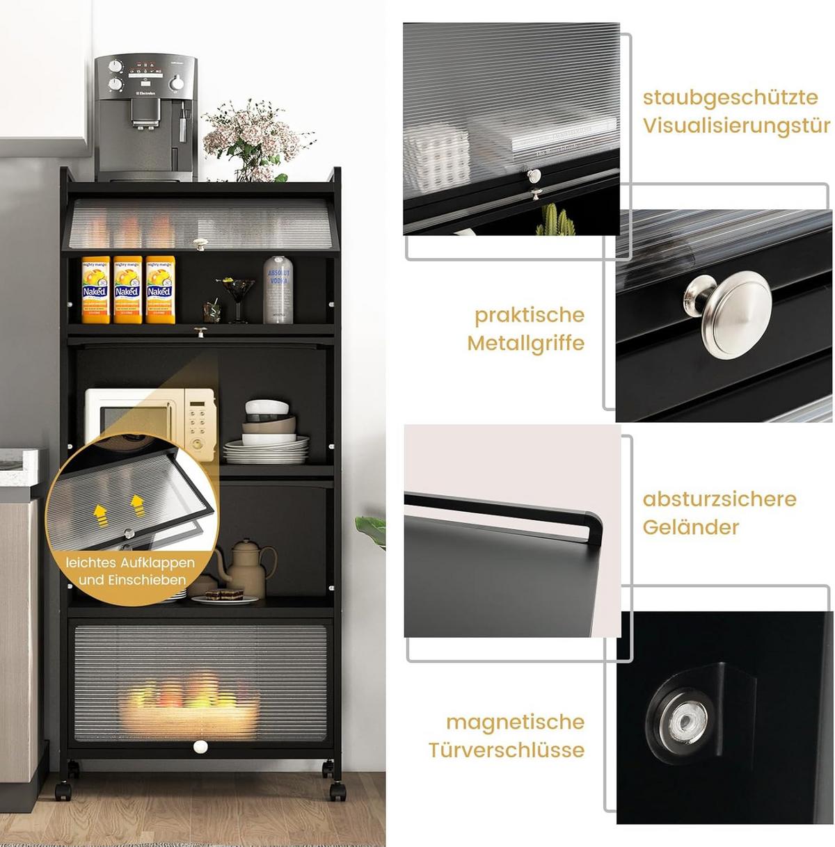KUCHENSCHRANK Mit Rollen Schwarz - Schwarz, Metall (60/154/32cm) - COSTWAY
