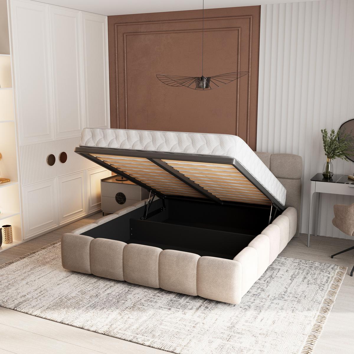 POLSTERBETT FARU SR 200x200 cm mit Bettkästen - Beige - Beige, Holz (200/200cm) - MASSENO