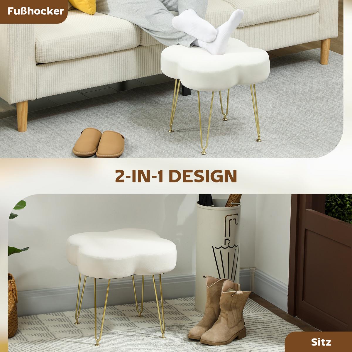 HOCKER Sitzhocker in Kleeblattform mit Stahlbeinen Fußhocker mit Samtoptik Creme - Weiß, Textil (41/40/41cm) - HOMCOM