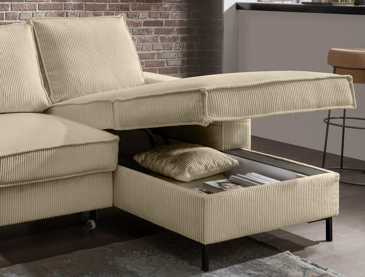 ECKSOFA mit Schlaffunktion, Bettkasten, Wellenunterfederung, Récamiere rechts B240/T150/H92 cm, Liegefl. 125x198 cm, Cord Beige Grau / 17220 - Greige/Schwarz, Textil/Metall (240/150cm) - luma-home