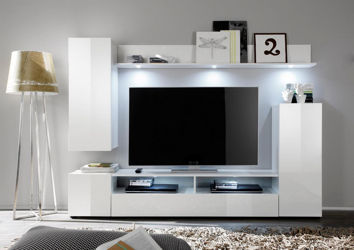 WOHNZIMMER: Wohnwand "Win" weiß Hochglanz (208 x 165 cm) 4-teilig - Weiß Hochglanz/Weiß, Holzwerkstoff (208/165/34cm) - Top.Furn