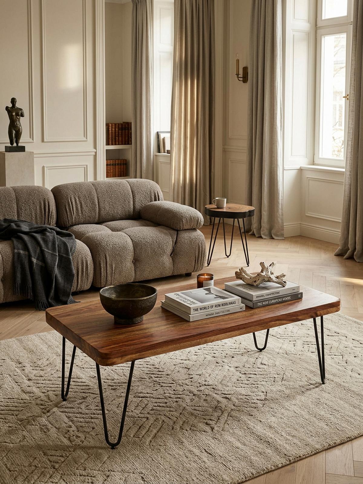 COUCHTISCH aus Massivholz mit Metallbeinen, handgefertigt, einzigartige Maserung, Braun 115x60x40 cm - Schwarz/Braun, Holz/Metall (60/115/40cm) - KADIMA DESIGN