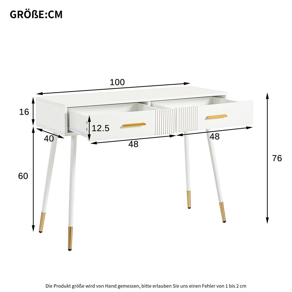 SCHMINKTISCH in Weiß mit goldenen Metallbeinen & 2 Schubladen - Weiß, Holzwerkstoff (100/76/40cm) - Urban Meuble