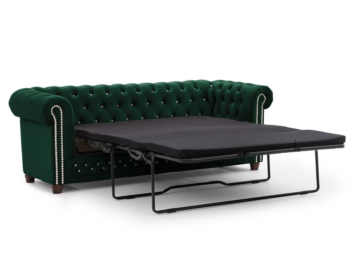 CHESTERFIELD-SOFA 3-Sitzer mit Schlaffunktion Cleo Blink Flasche Grün Samt mit Kristallsteppung und braunen Massivholzfüßen - Braun/Grün, Holz/Textil (203/72/86cm) - S-Style