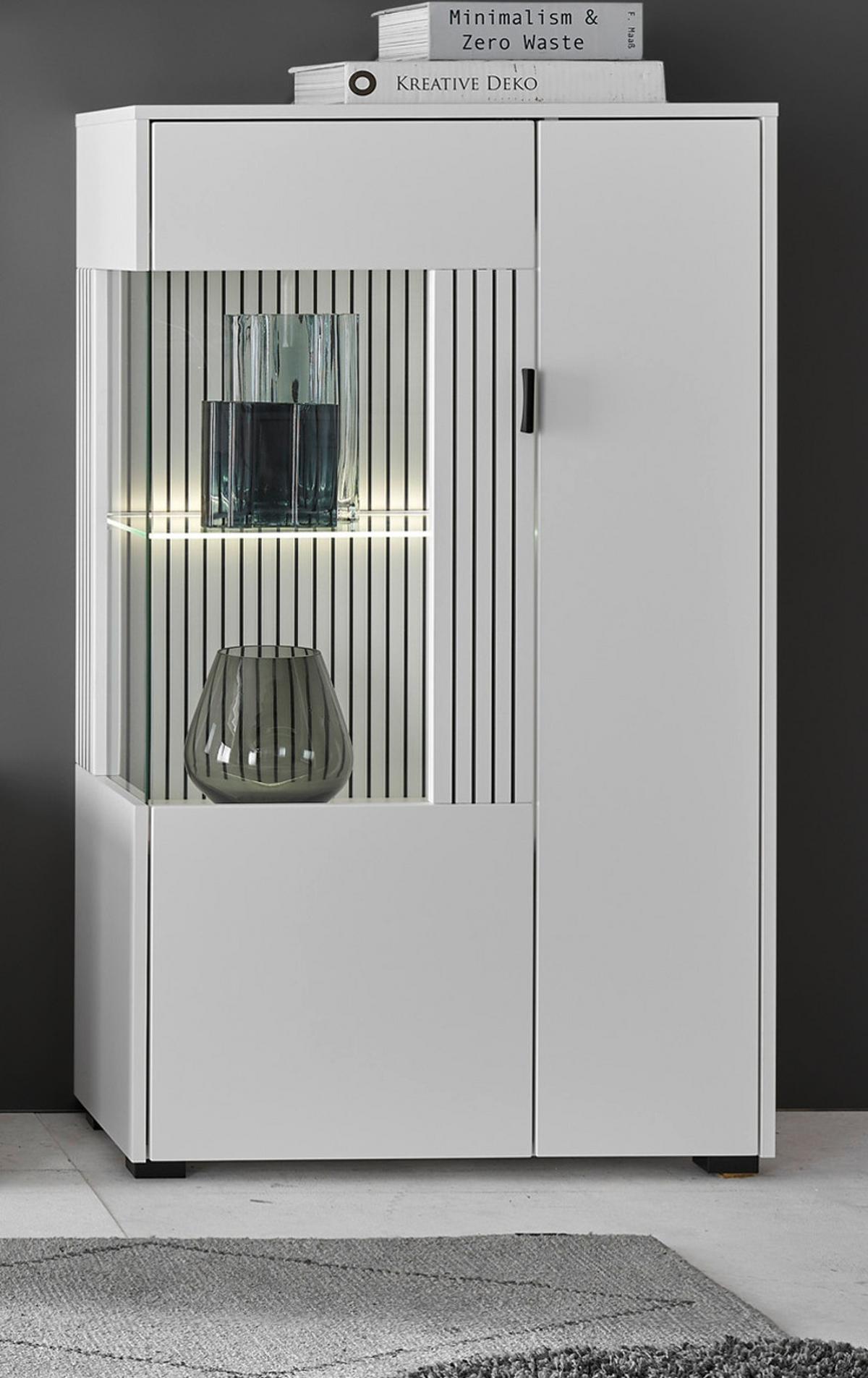 VITRINE weiß matt, Highboard 75 x 125 cm mit Soft-Close - Schwarz/Weiß, Glas/Holzwerkstoff (75/125/38cm) - Furn.Design