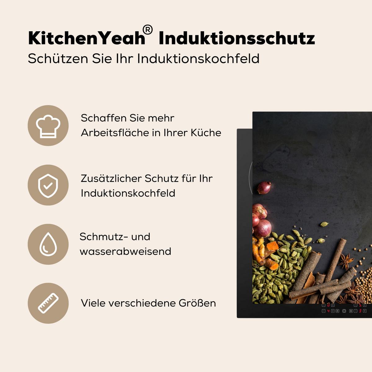 HERDABDECKPLATTE Kräuter - Lebensmittel - Gewürze - Schwarz - Paprika - Zimt Ceranfeldabdeckung 76x51.5 cm - Currygelb, Kunststoff (76/51.5/0.2cm) - MuchoWow