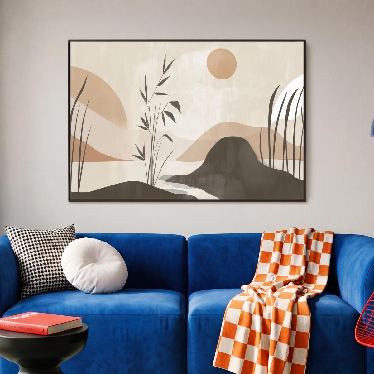LEINWAND Bilder mit Rahmen - Japandi - Landschaft - Beige - 90x60 - Cognac, Textil (90/60cm) - MuchoWow