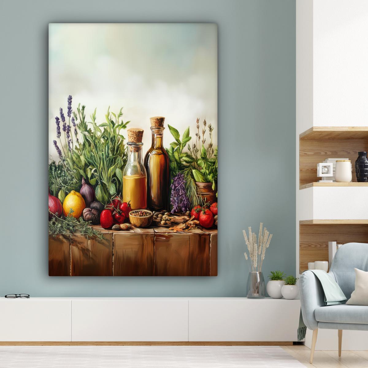 LEINWANDBILD Stilleben - Kräuter - Gewürze - Früchte - Farbenfroh Deko Groß 90x140 cm - Grün, Textil (90/140cm) - MuchoWow