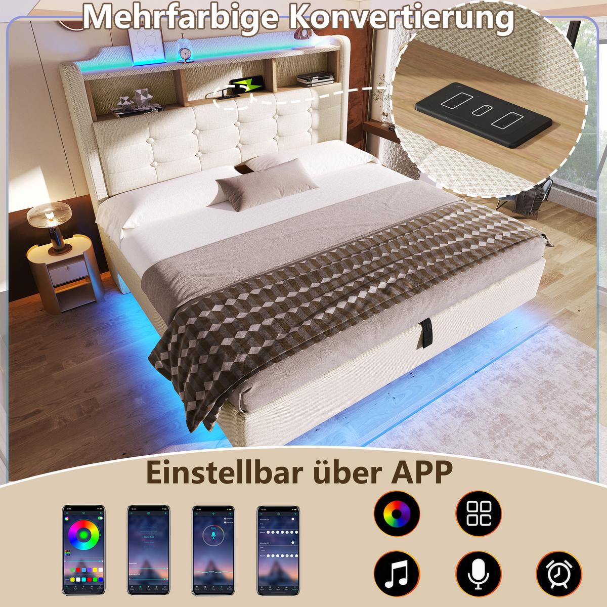 POLSTERBETT 140x200 Leinen Beige mit LED-Beleuchtung und Stauraum - Beige, Textil (140/200cm) - Urban Meuble