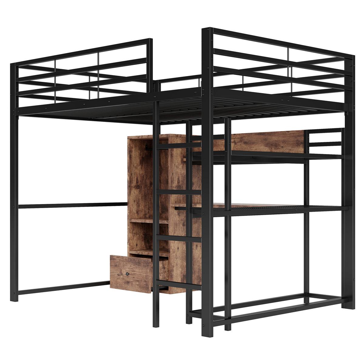 HOCHBETT metall schwarz 140x200cm mit schreibtisch led - Schwarz, Holzwerkstoff (140/200cm) - Urban Meuble