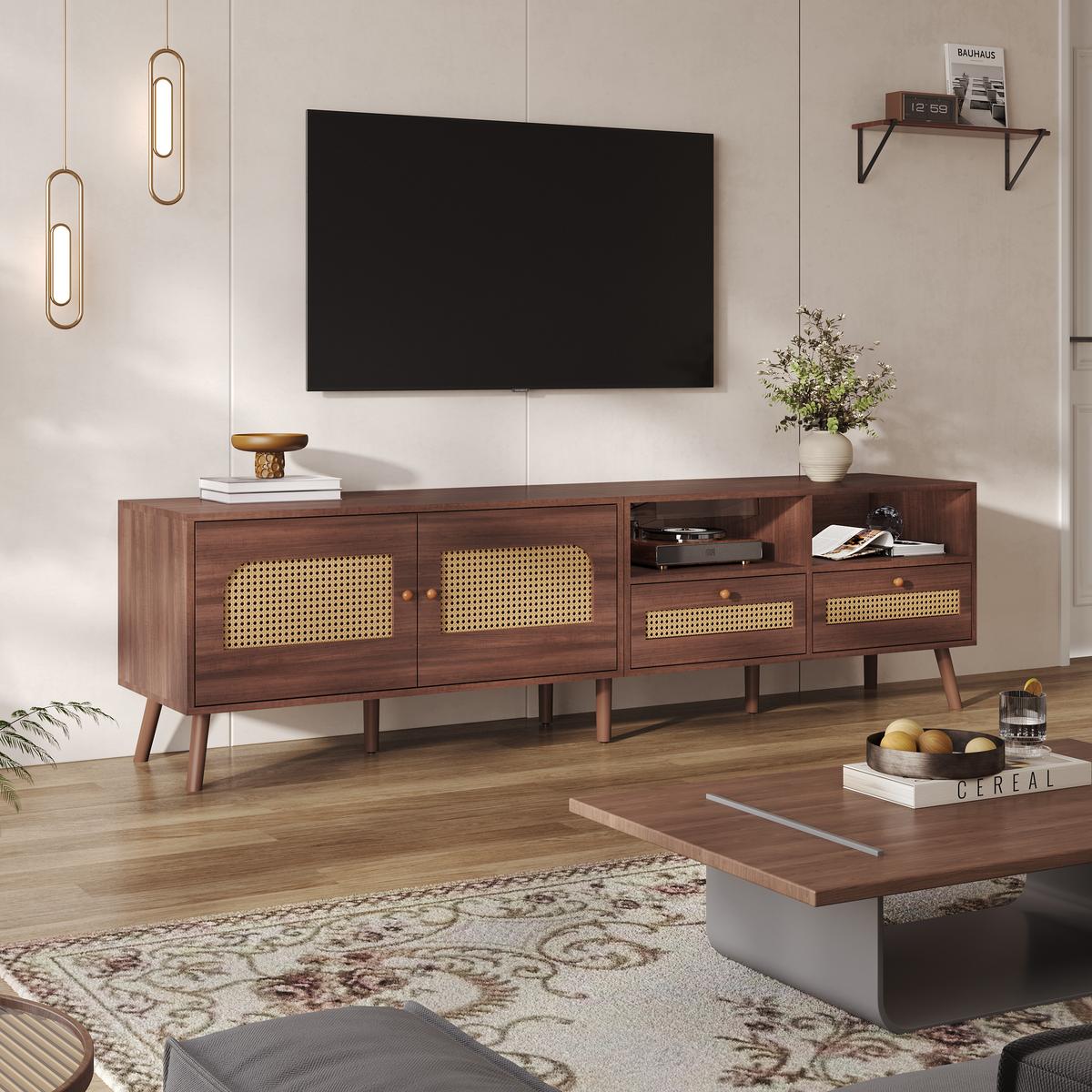 LOWBOARD Retro Rattan-Design, 200/37/49.5cm - Walnussfarben, Holzwerkstoff (200/50/37cm) - Urban Meuble