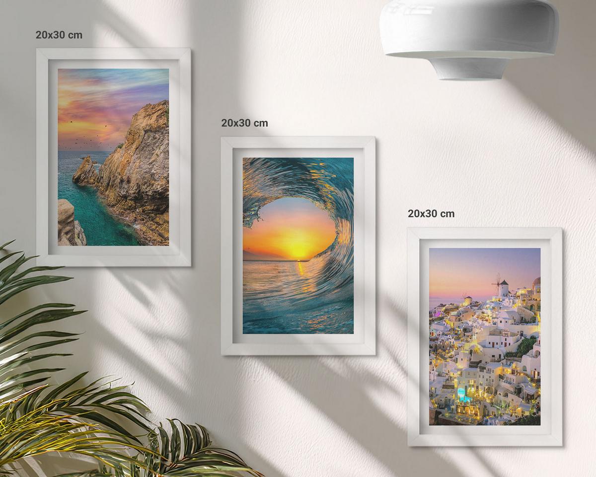 BILDER SET 3er Set - 20x30 cm Weißer Rahmen - Meereswellen, weiße Häuser, Santorini - Weiß, Kunststoff (20/30cm) - TULUP