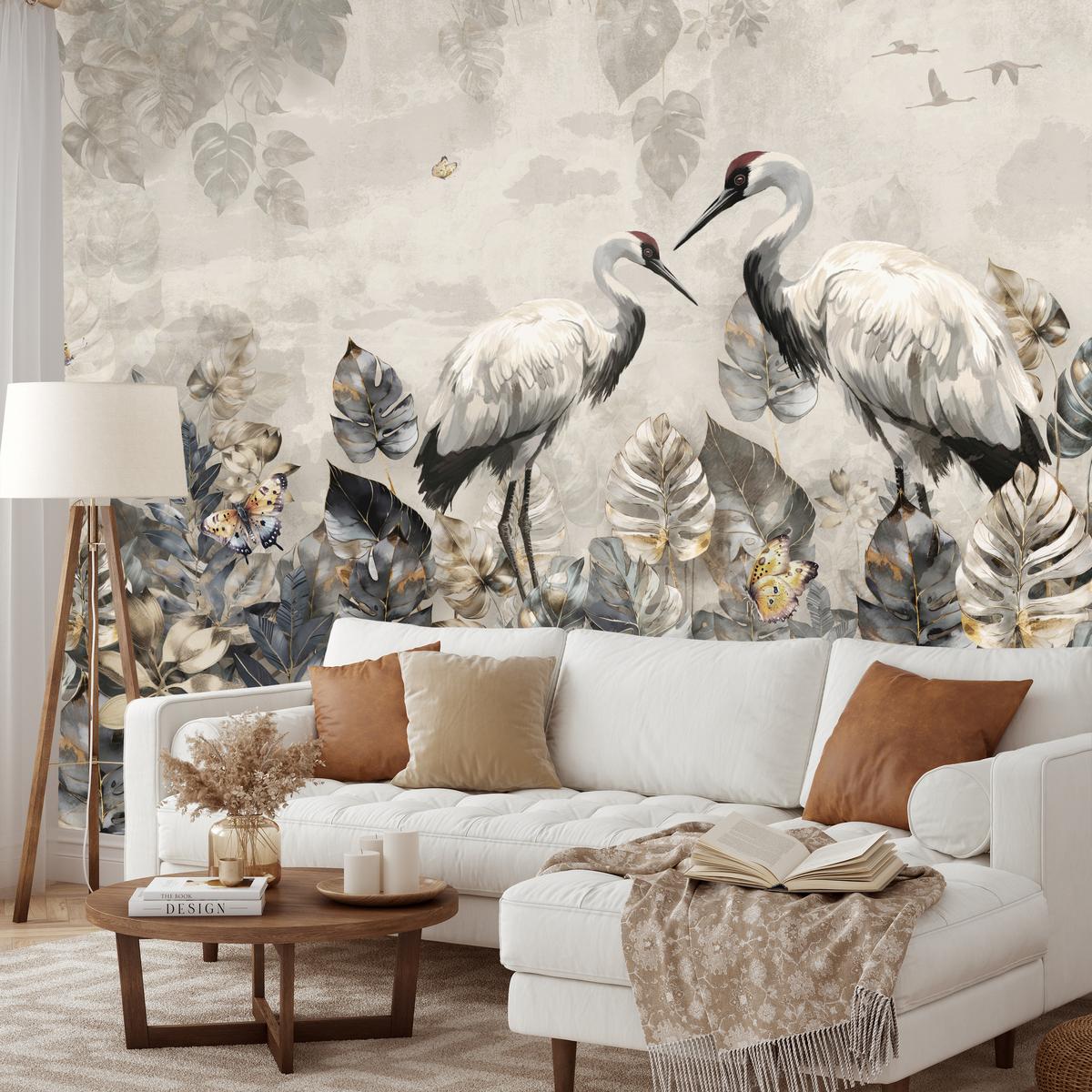 FOTOTAPETE für Wohnzimmer Kraniche Abstrakten Blättern Retro Natur 350x256 - Grau, Papier (350/256cm) - Muralo