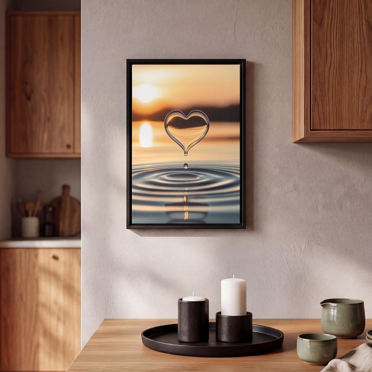 LEINWAND Bilder mit Rahmen - Herz - Wasser - Sonnenuntergang - Natur - Zen - 20x30 - Bernsteinfarben, Textil (20/30cm) - MuchoWow