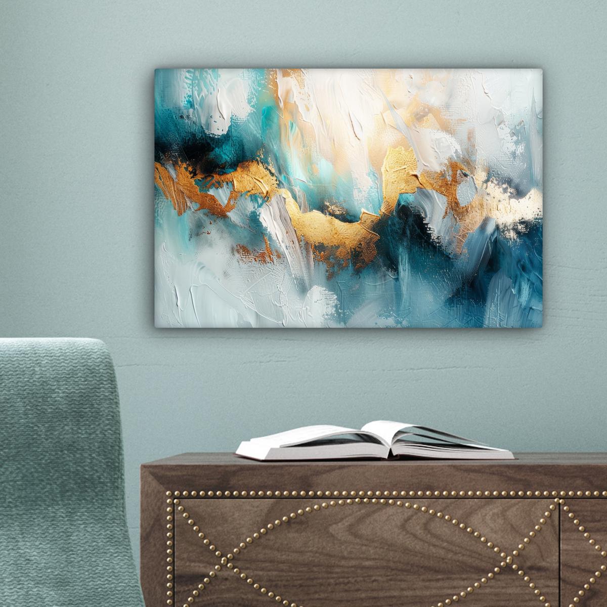 LEINWANDBILD Abstrakt - Kunst - Gold - Blau Deko Schlafzimmer 30x20 cm - Petrol, Textil (30/20cm) - MuchoWow