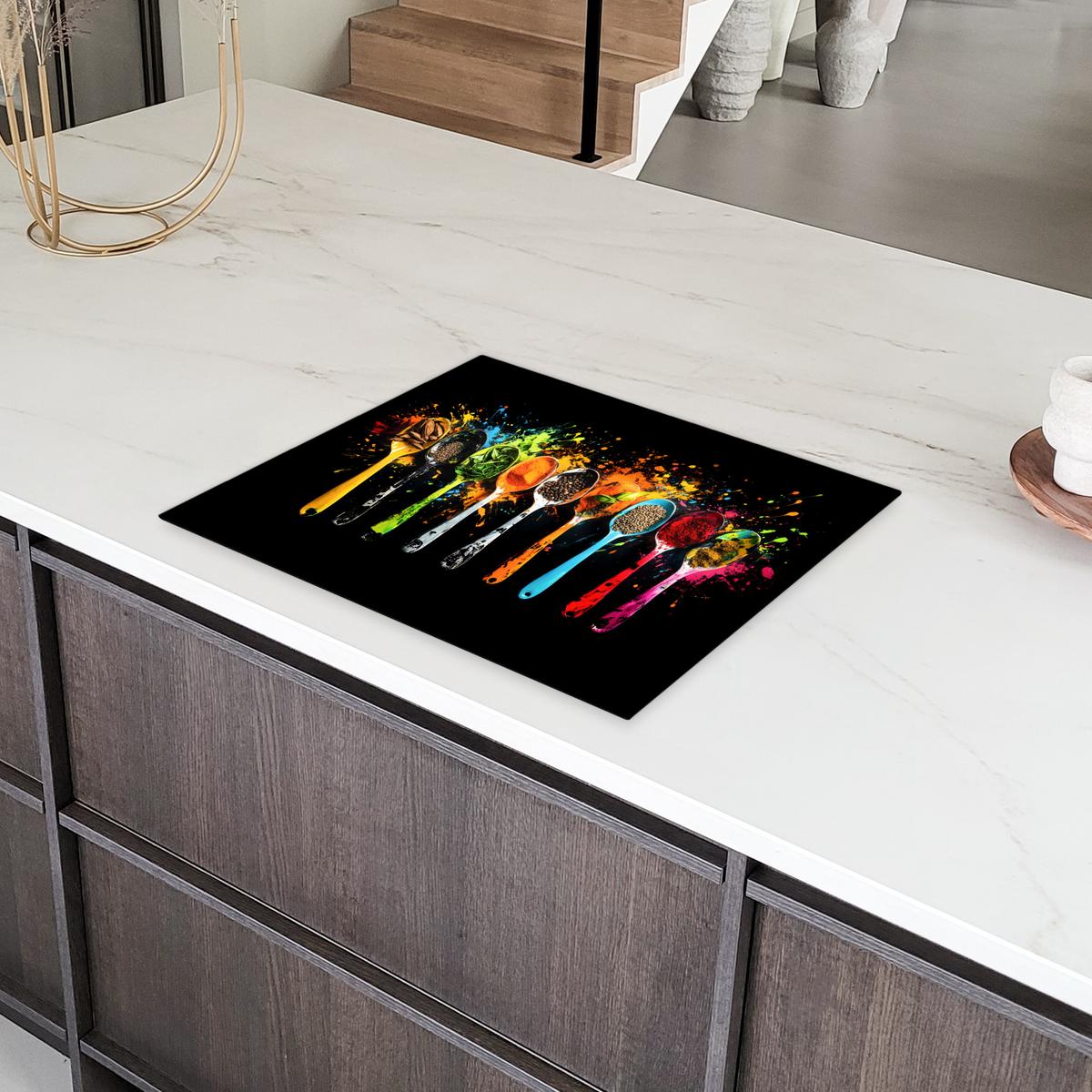 HERDABDECKPLATTE Löffel - Gewürze - Modern - Graffiti - Farbe - Farbenfroh Herdabdeckung Induktionsfeld 65x52 cm - Multicolor, Kunststoff (65/52/0.2cm) - MuchoWow