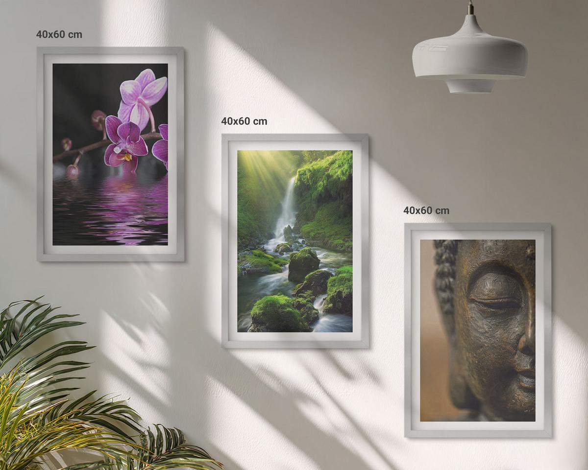 BILDER SET 3er Set - 40x60 cm Silberner Rahmen - Blumen, Wasserfall, Buddha-Felsen, Zen - Silberfarben, Kunststoff (40/60cm) - TULUP
