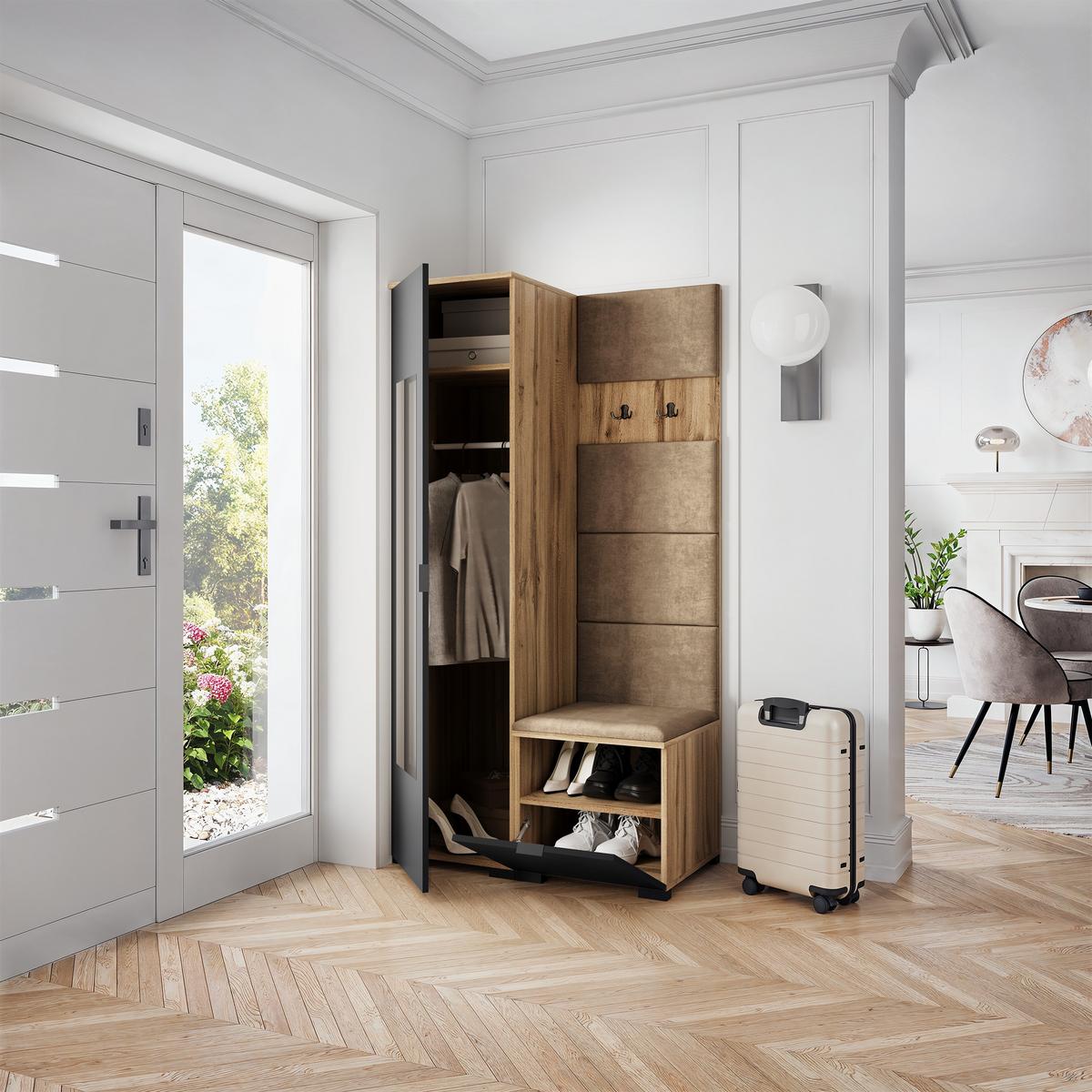 GARDEROBENSCHRANK VIRA 95/181/51 cm Modern Garderobe-Set Eiche Wotan - Eiche Wotan/Schwarz, Holzwerkstoff (95/181/51cm) - MASSENO