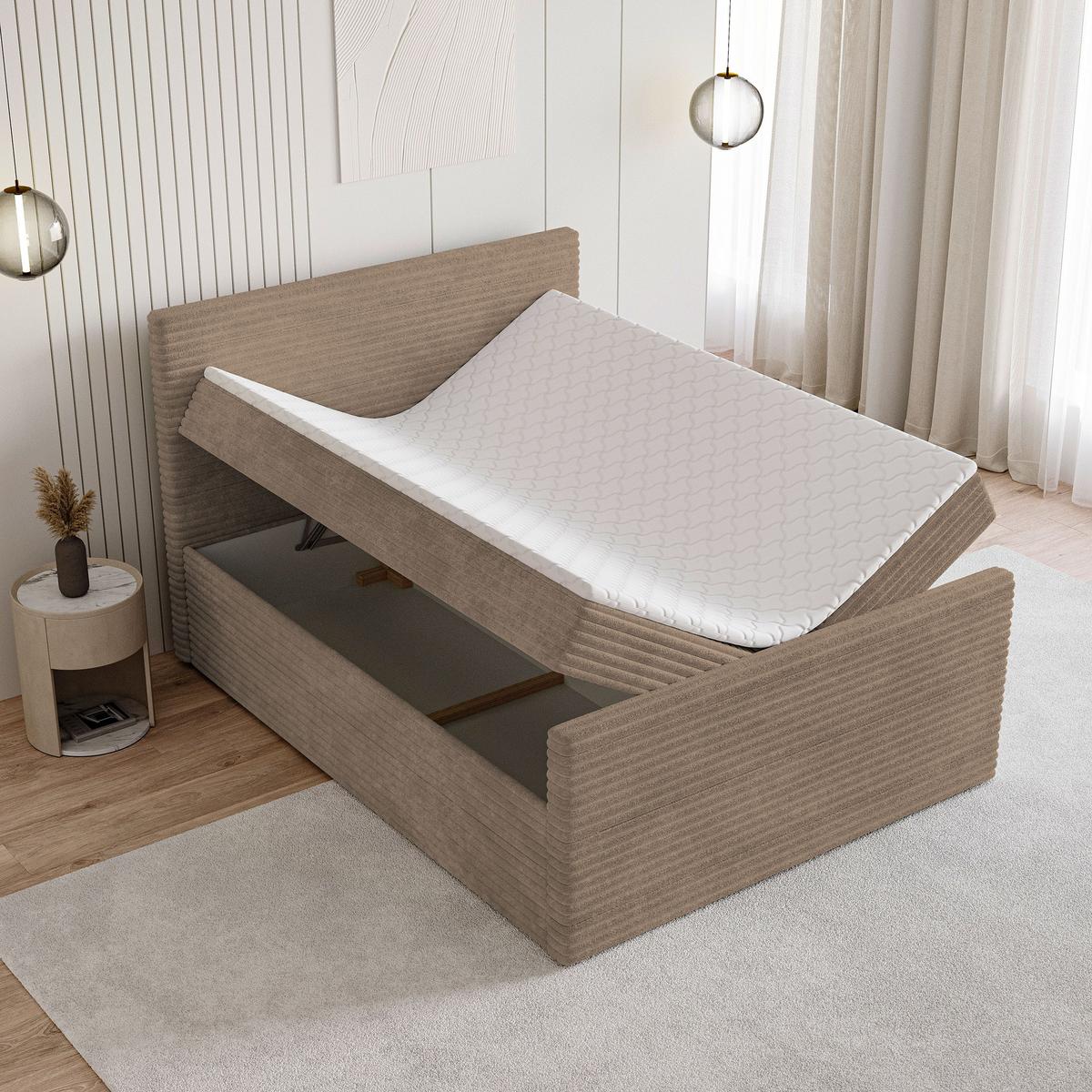 BOXBETT NOLEN 140x200 cm mit Matratze und Topper - Beige - Beige, Holz (140/200cm) - MASSENO