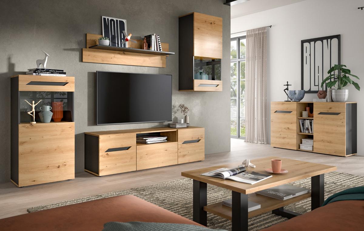 SIDEBOARD Eiche Artisan und Grau, Kommode mit 9 Fächern 130 x 81 cm - Dunkelgrau/Schwarz, Holzwerkstoff/Kunststoff (130/81/37cm) - Inn.Furn