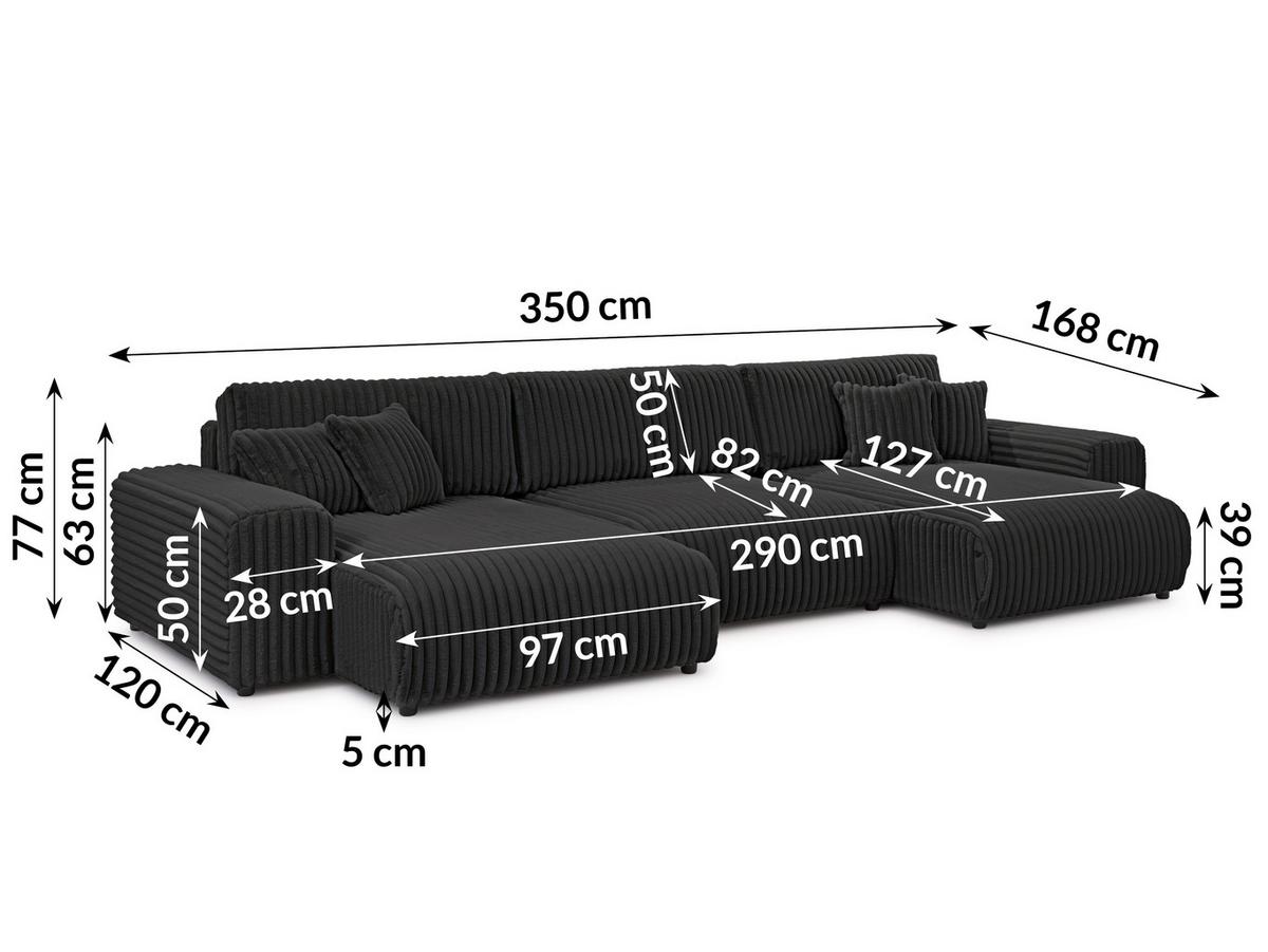 WOHNLANDSCHAFT Mollis Dunkelgrau Plüschcord mit Schlaffunktion - Dunkelgrau/Schwarz, Holz/Kunststoff (350/77/168cm) - S-Style Möbel