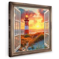 LEINWANDBILD Aussicht - Fenster - Leuchtturm - Sonnenuntergang - Strand Deko Groß 90x90 cm - Dunkelorange, Textil (90/90cm) - MuchoWow