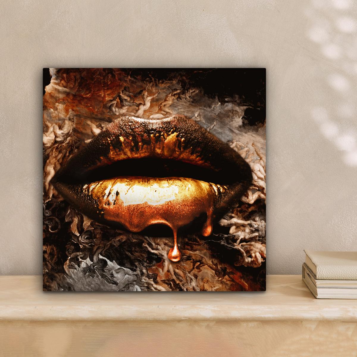 LEINWANDBILD Gold - Lippen - Kunst - Gold - Luxus - Abstrakt Deko Wohnzimmer 20x20 cm - Kupferfarben, Textil (20/20cm) - MuchoWow