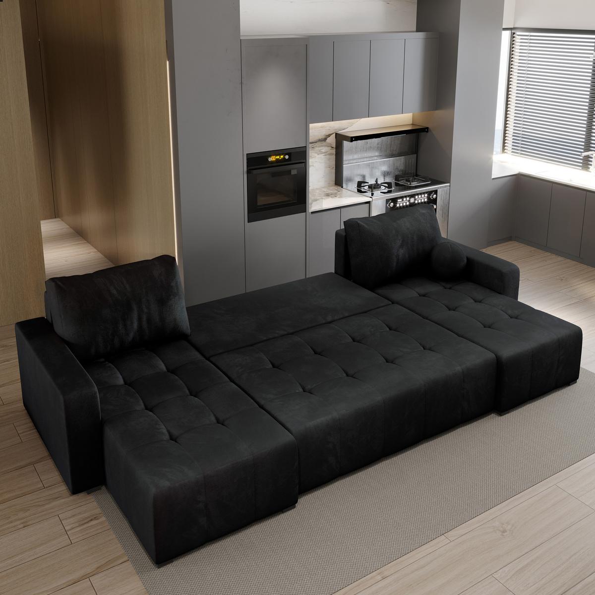 WOHNLANDSCHAFT TOLARI Schwarz Plüsch-Stoff mit Schlaffunktion - Schwarz, Holz (295/85/140cm) - MASSENO
