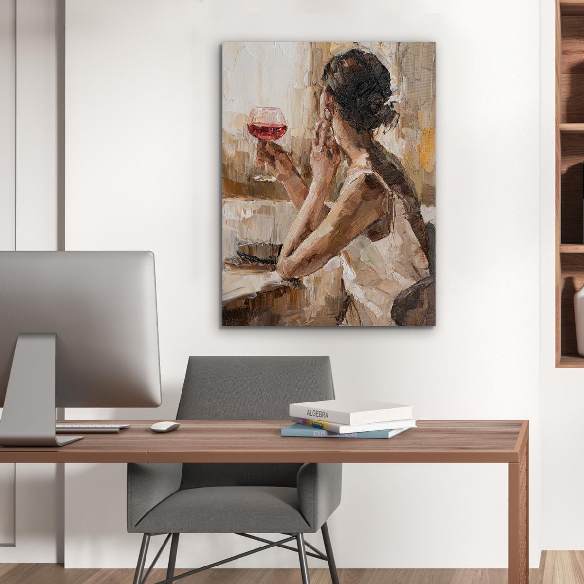 METALLBILD Ölgemälde - Frau - Wein 60x80 cm - Hellbraun, Metall (60/80cm) - MuchoWow