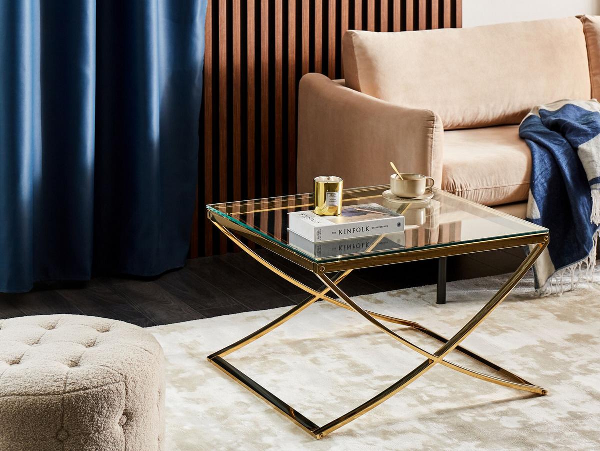 COUCHTISCH Glas/Edelstahl gold quadratisch 70/70 cm Ringgold - Goldfarben, Metall (70/70/45cm) - Beliani