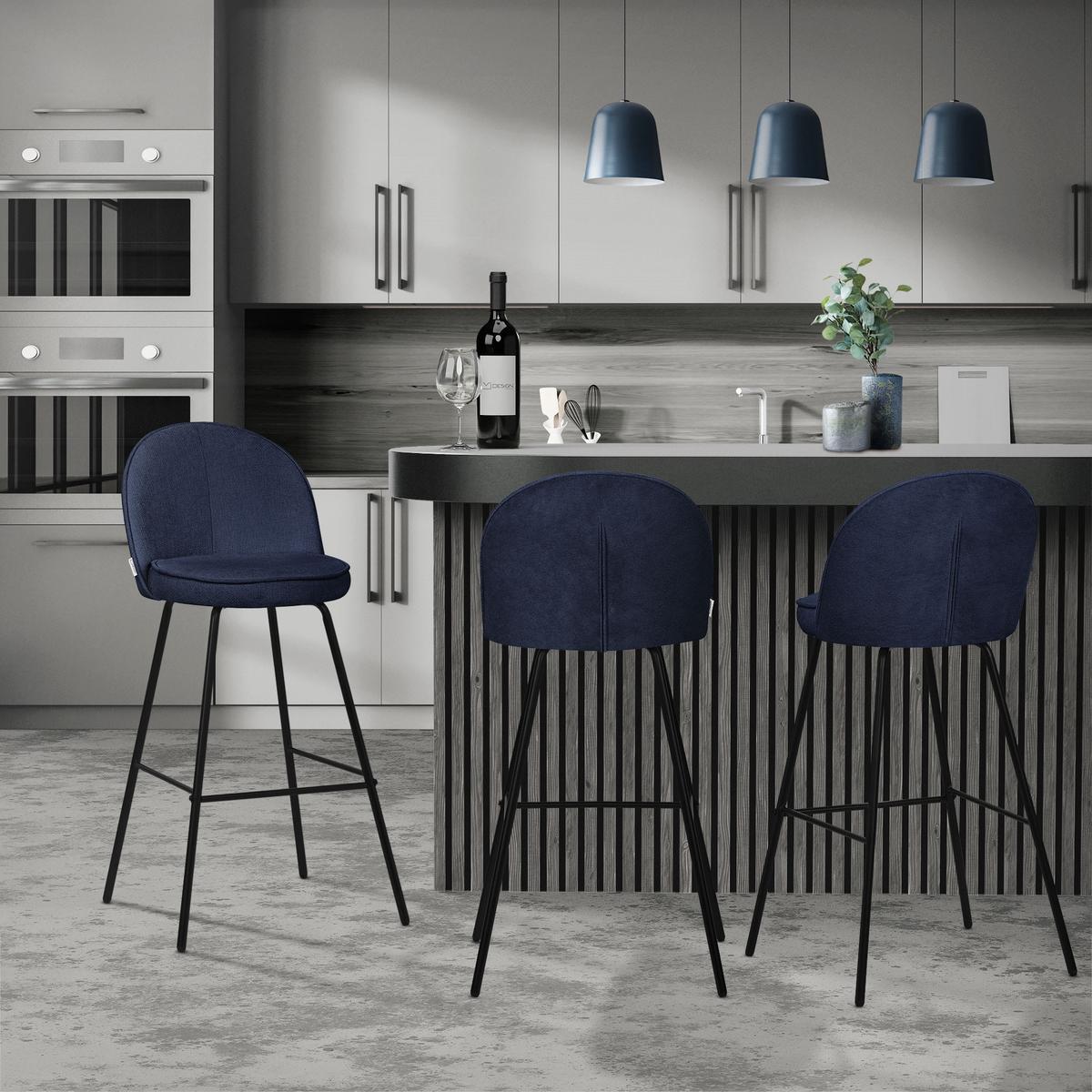 BARHOCKER 4er Set Dunkelblau mit Stoffbezug - Schwarz/Dunkelblau, Textil/Metall (52/102/50cm) - ML-DESIGN