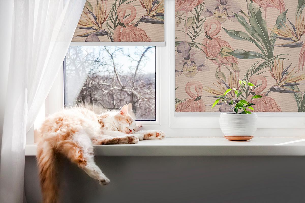 INNENROLLO - Fensterrollo - Rollo - 80x140 cm - Flamingos und Blumen - Pink, Kunststoff (80/140/0.5cm) - TULUP