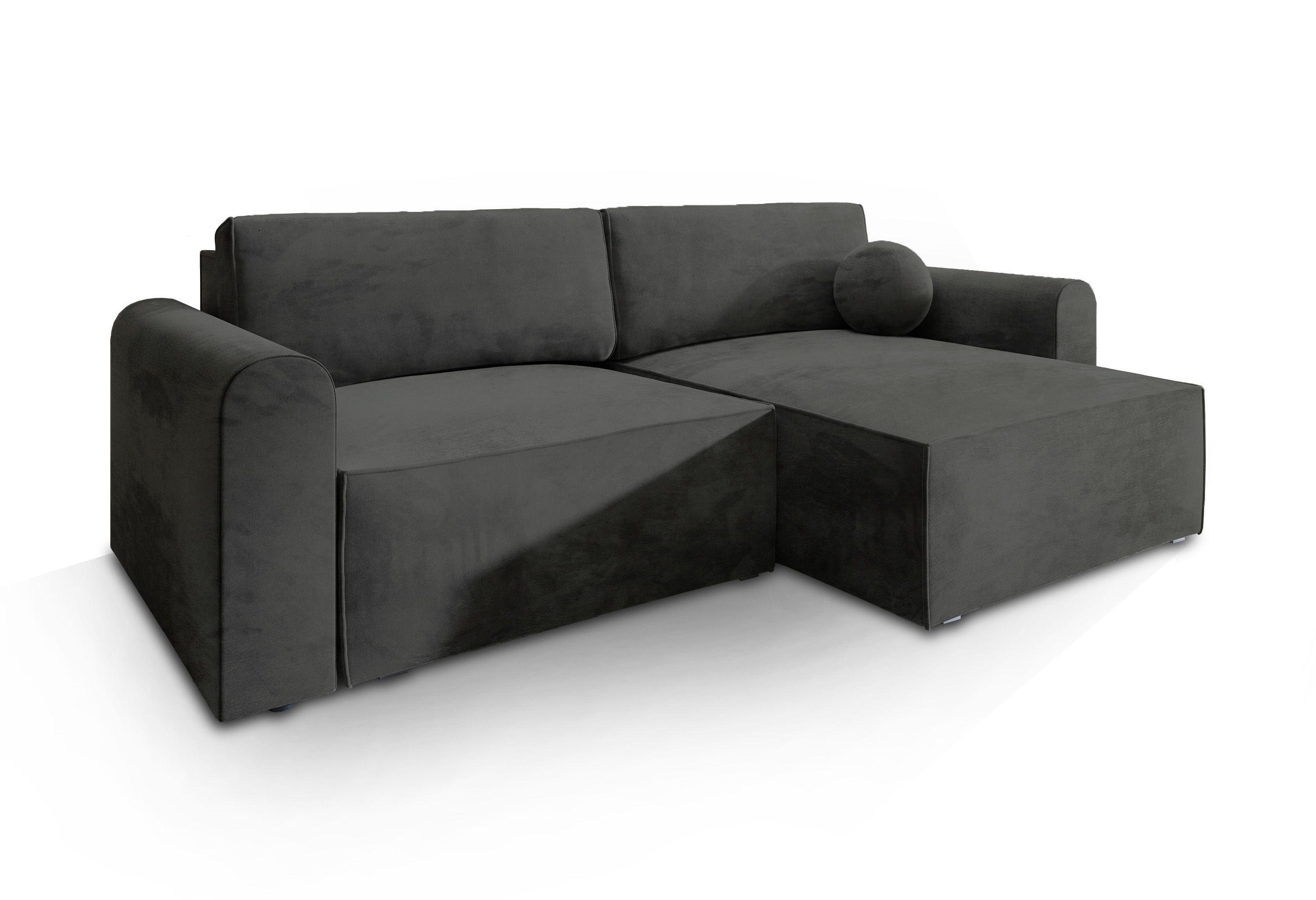 ECKSOFA FIANO M Schwarz Velours-Stoff mit Schlaffunktion - Schwarz/Grau, Holz/Kunststoff (245/148cm) - MASSENO