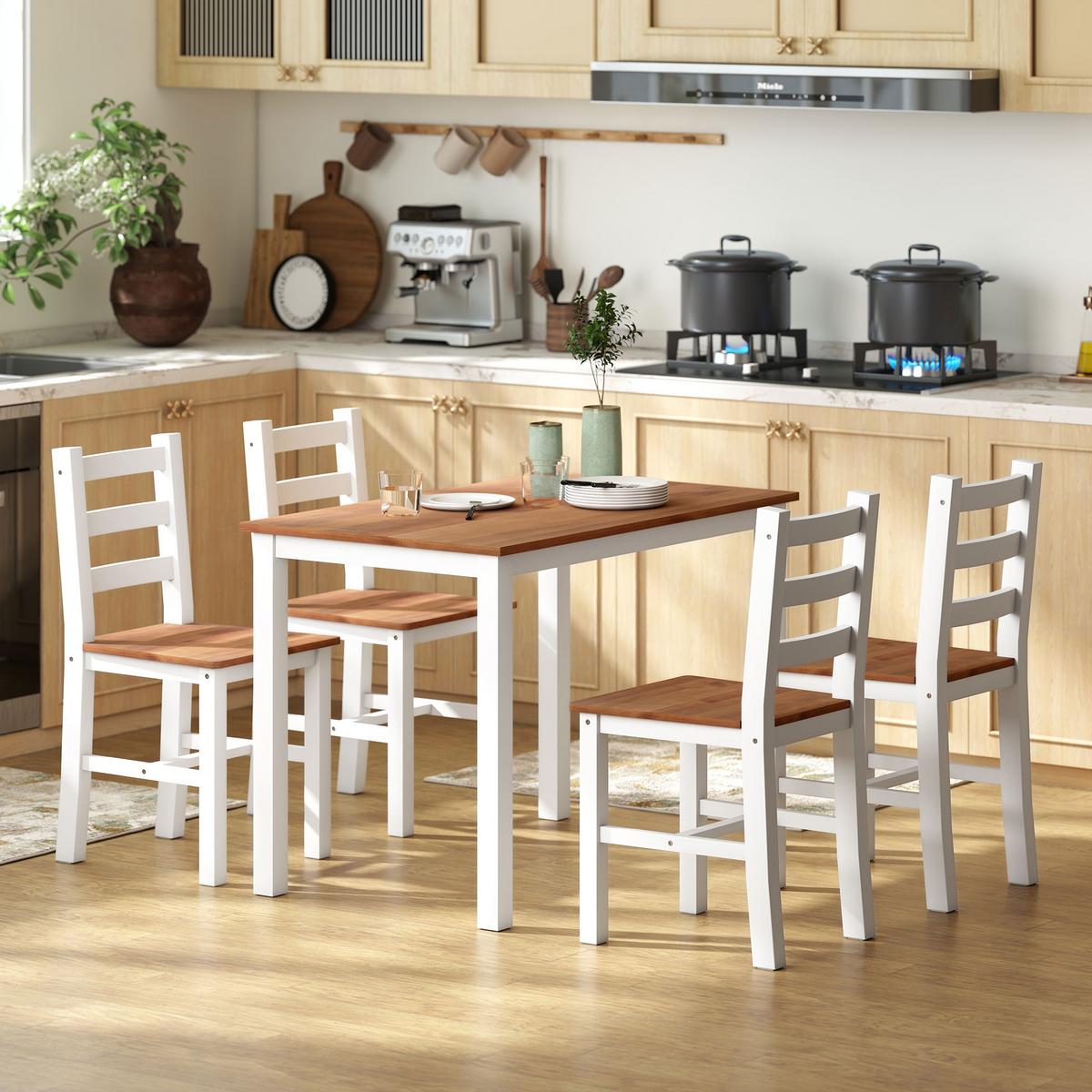 ESSGRUPPENSET, Esstisch, 4 Stühle, Esszimmerset, Kiefernholz, Braun+Weiß - Braun/Weiß, Holz (65/75/108cm) - HOMCOM
