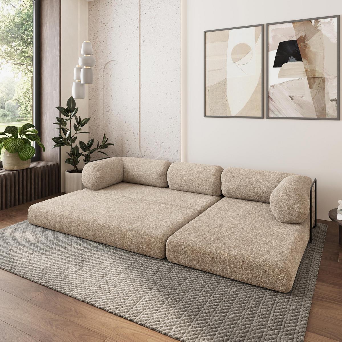 ECKSOFA KELI modulares Boneless Sofa mit Schlaffunktion Beige Boucle-Stoff - Beige, Textil (270/160cm) - MASSENO