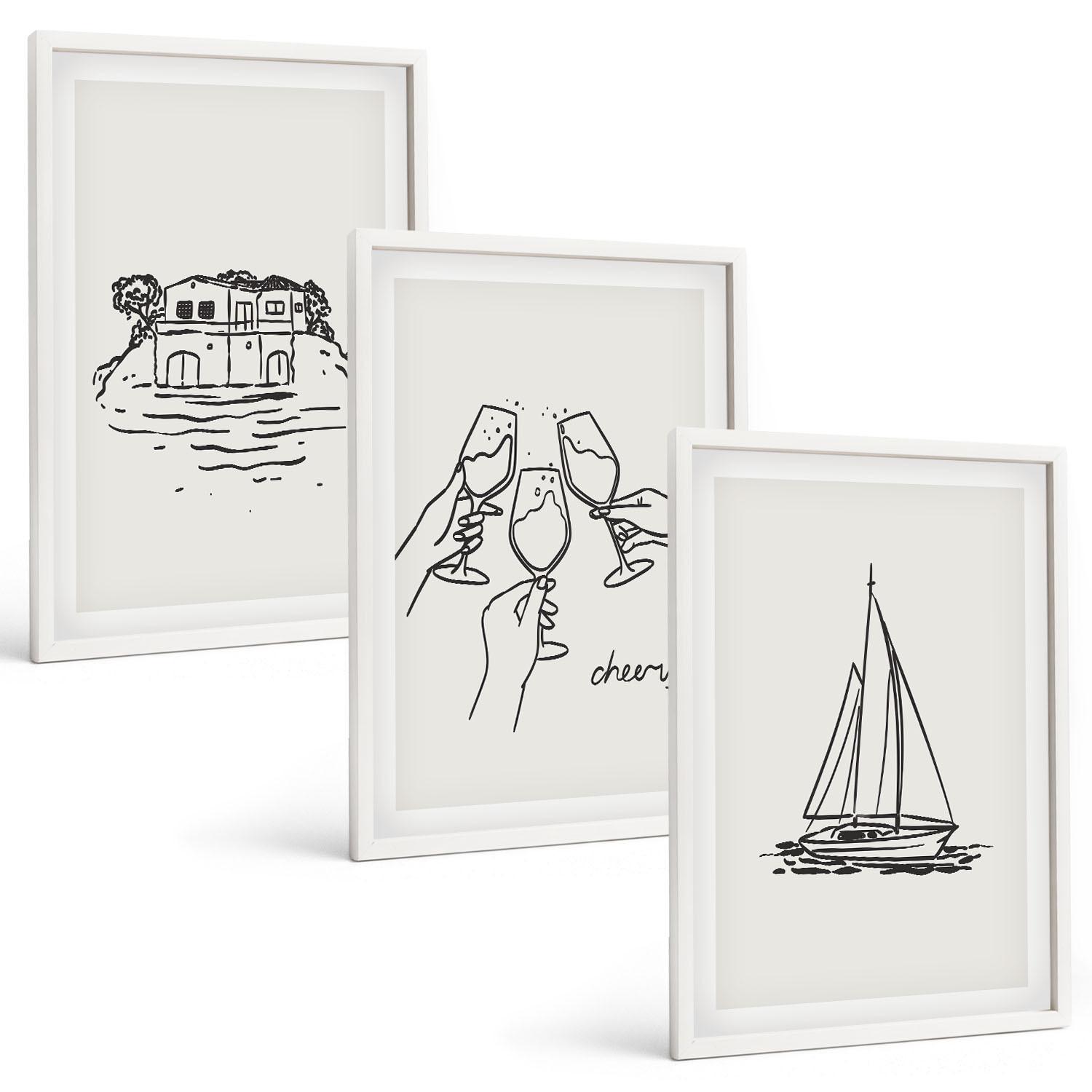 BILDER SET 3er Set - 40x60 cm Weißer Rahmen - Haus am Wasser, Segelboot-Toast - Weiß, Kunststoff (40/60cm) - TULUP