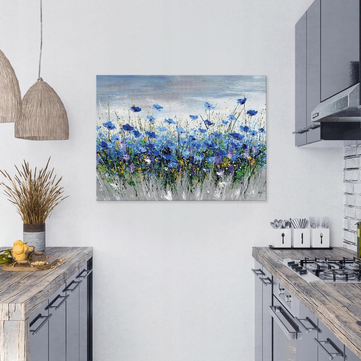 LEINWANDBILD Blumen Aquarell Blau 120x80 cm - Multicolor, Holzwerkstoff (120/80cm) - Wallarena